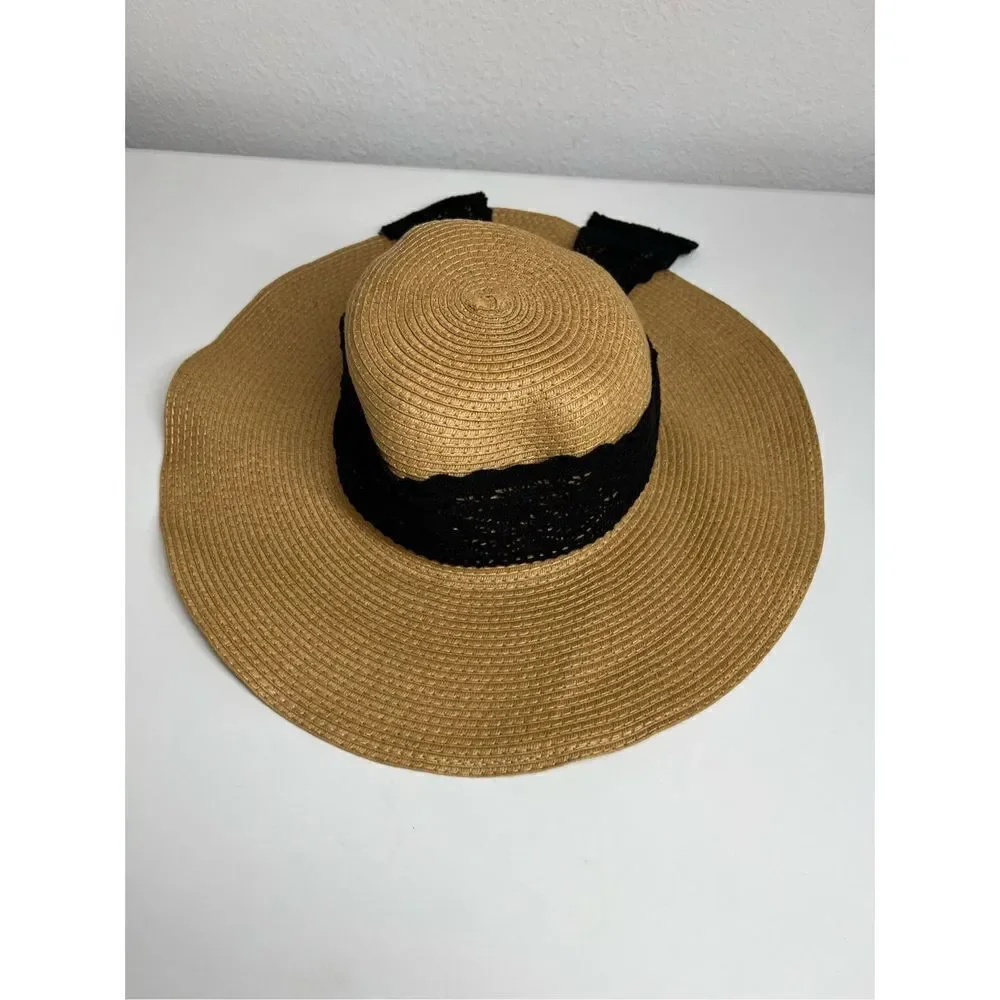 Vintage Women's 100% Straw Hat One Size Black Band in back with Bow - Picture 5 of 9